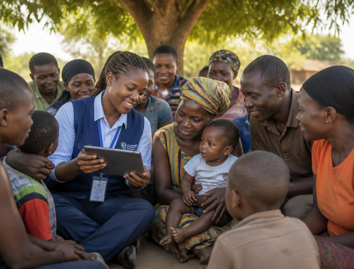 A health worker sharing digital health information with a rural community