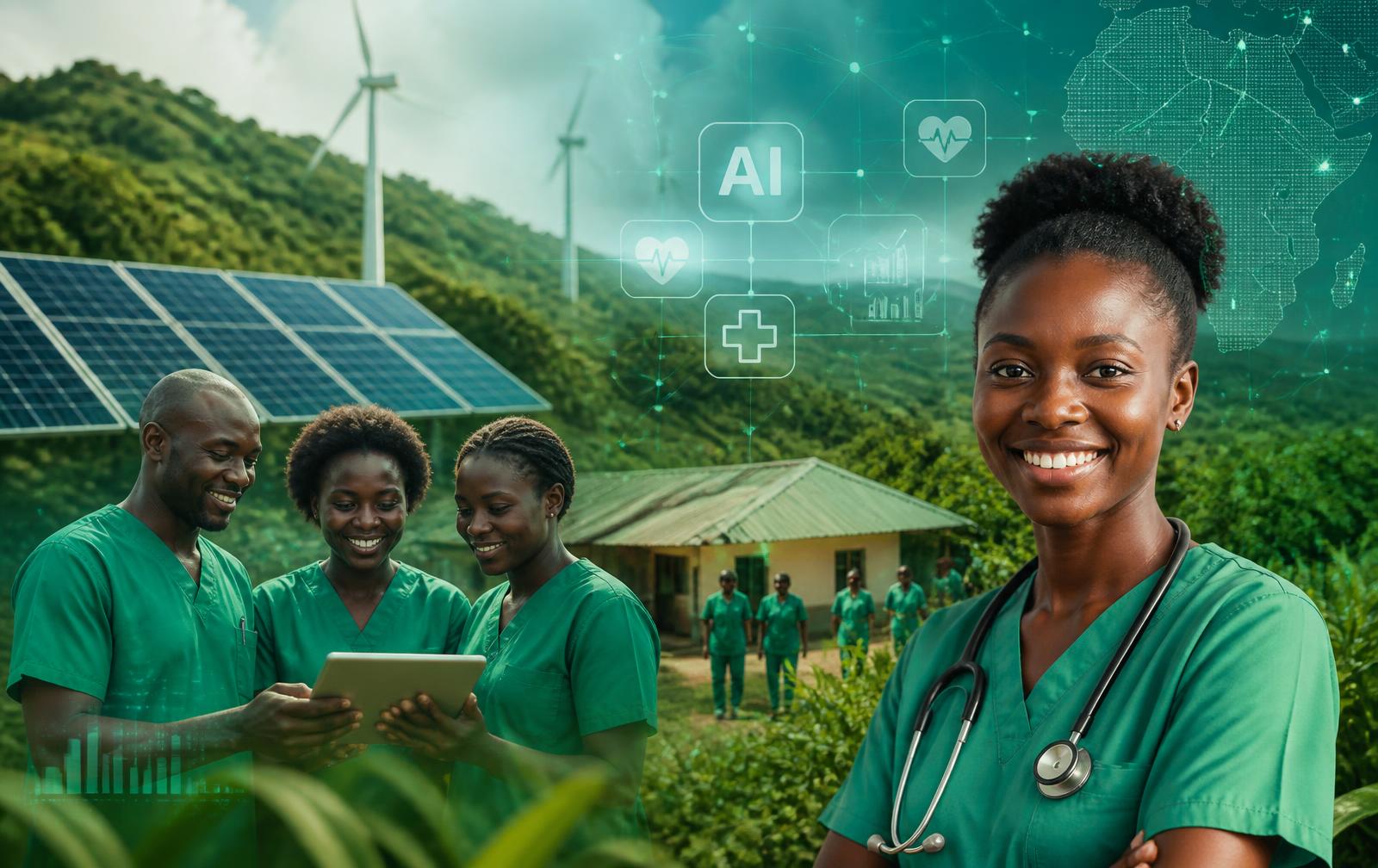 Community health workers using digital tools beside solar panels and wind turbines